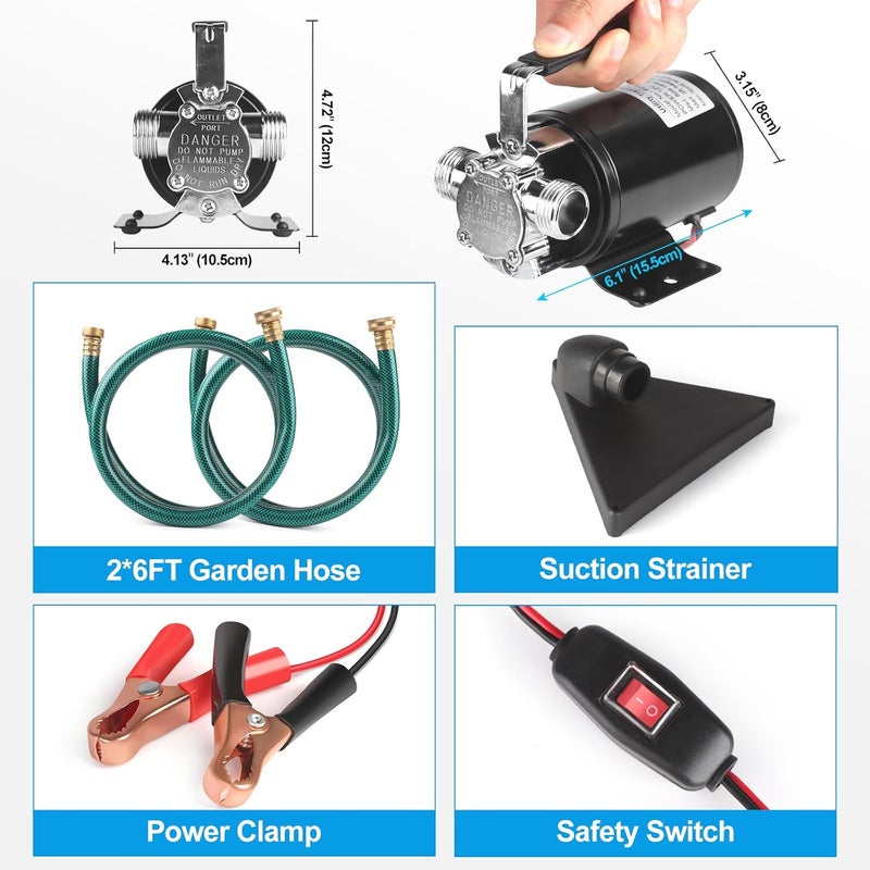 FIDISP 12 Volt Water Pump, Portable Transfer Pump, 330GPH Larger Flow, 1/10HP Electric Utility Pump with On/Off Switch, 2 * 6’ Water Hose Kit for Garden Pools Aquariums Hot Tub - Image 5